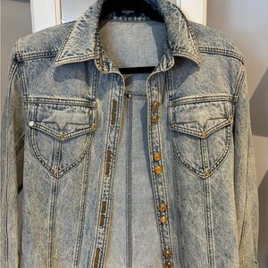 Balmain Acid Wash Blue Denim Jacket with Gold Buttons